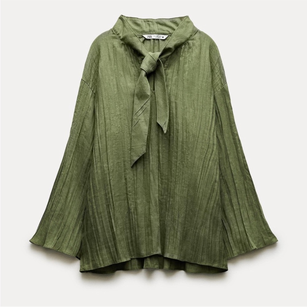 Zara Creased Linen Olive Green Blouse Top Blogger Favorite Large